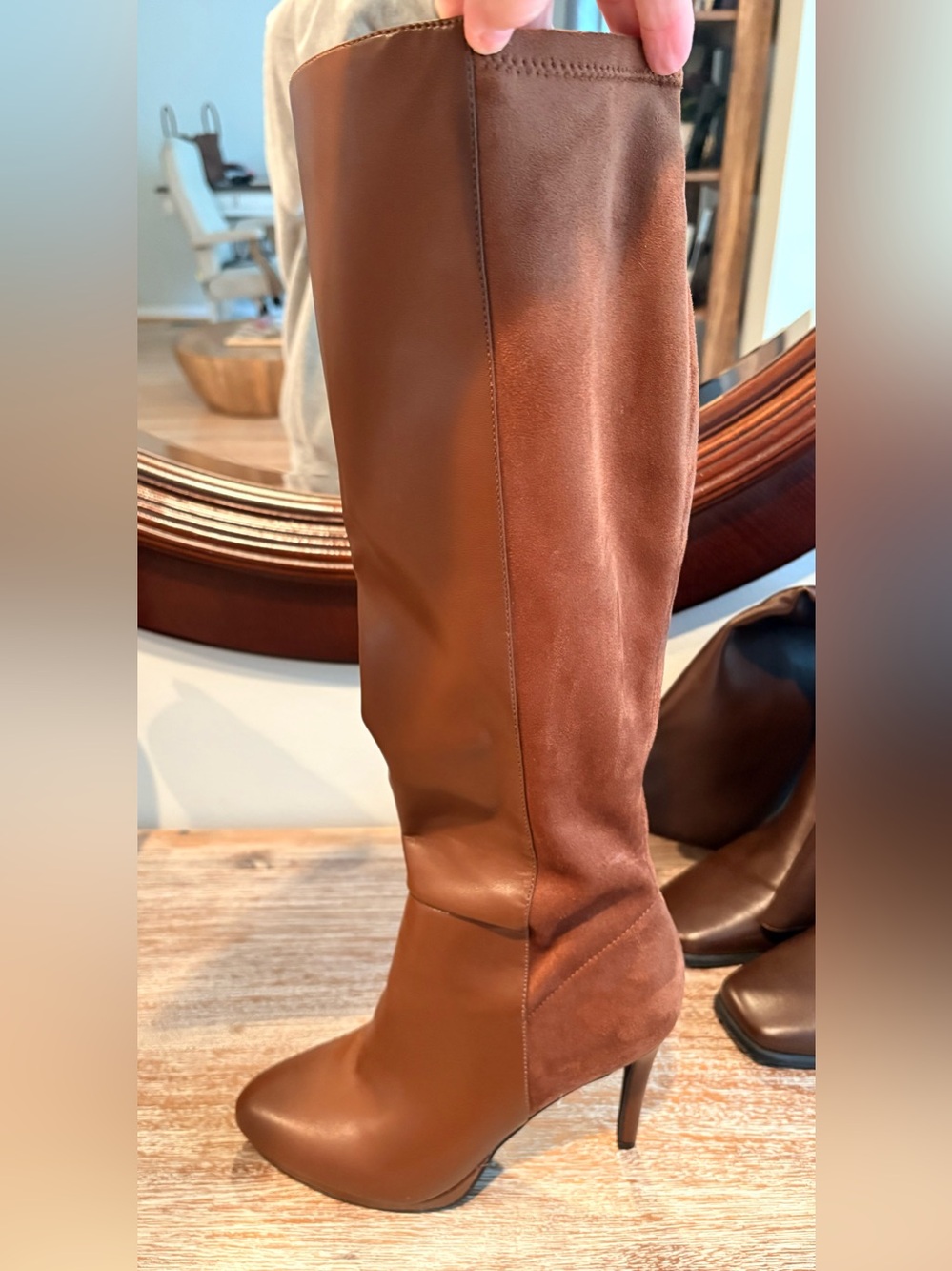 Women's Tall Brown Faux Leather & Suede Knee-High Boots